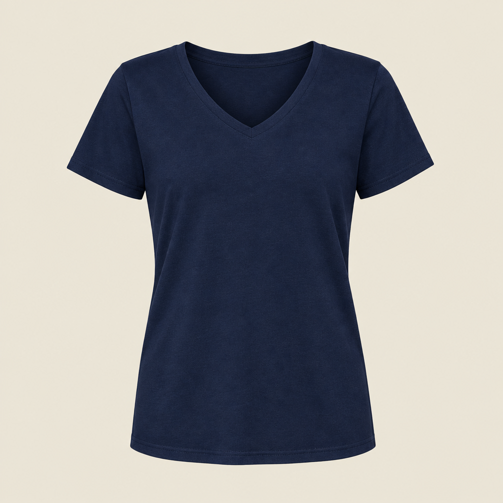 Voorbeeldafbeelding dames V-hals T-shirt marineblauw zonder model